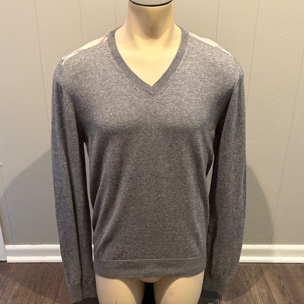Burberry Brit Men's Gray Plaid Shoulder V-Neck Sweater